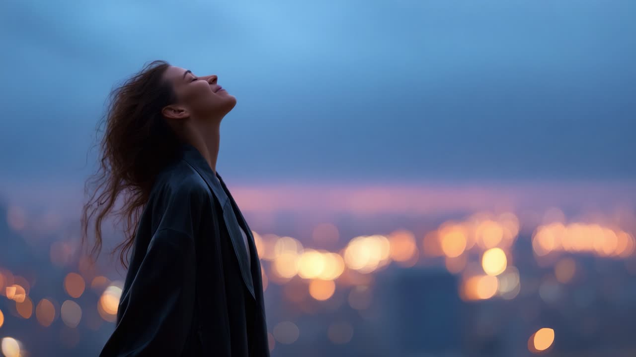 Una donna con i capelli fluenti guarda pensierosa verso lo skyline, godendosi il momento di serenità mentre cala il crepuscolo e le luci della città iniziano a brillare sullo sfondo.