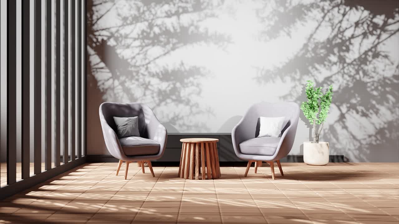 interior design modern apartment living room with plant tree leaf shadow on background wall rendering animation