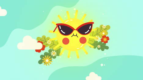 cute cartoon sun with sunglasses and flowers