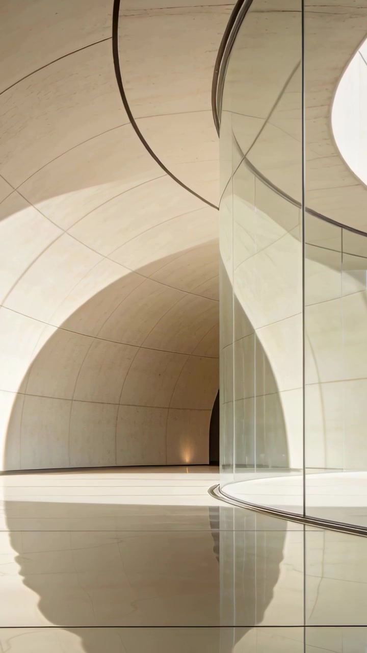 Vertical video: Skylight casting light, curved walls and glass mirroring on glossy floor in atrium