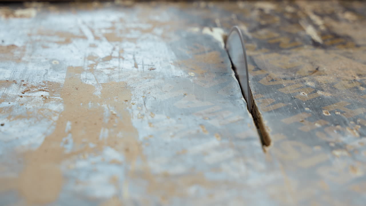 Primo piano di una lama di sega circolare da banco inattiva su un banco usurato, segatura e segni di vernice circondano una fessura stretta, superficie di legno testurizzata che mostra l'età e i residui, luce a basso contrasto, atmosfera di tranquilla ispezione