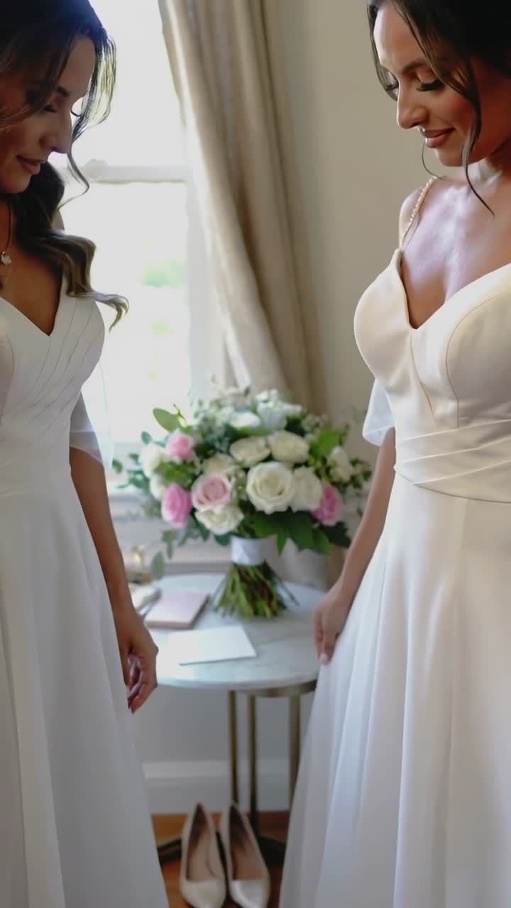 Vidéo verticale: Têtes inclinées, mariées en robes tendant les mains dans une pièce avant les vœux, bouquet