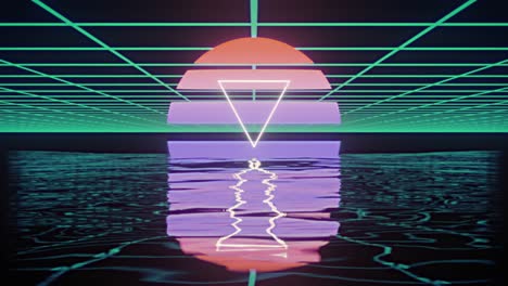Animation-of-white-triangle-over-glowing-red-to-purple-circle-over-green-grid-reflected-in-water