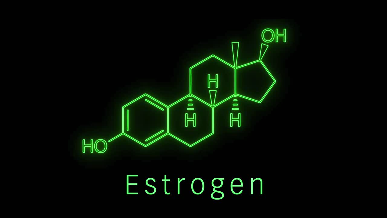 CGI animation of the estrogen molecule, visualizing its structure and role in fertility and hormonal science for medical and biological education.