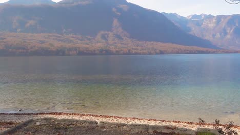banco en la playa junto al lago bohinj, eslovenia