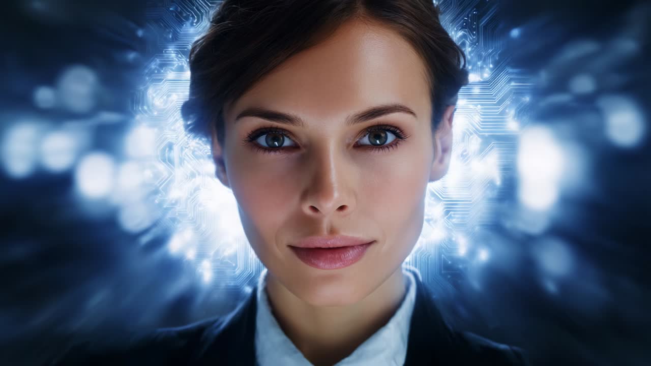A businesswoman with a circuit board background representing artificial intelligence