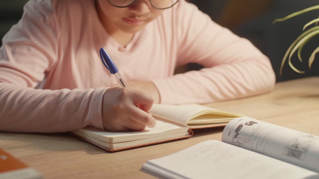 Asian Child Doing Homework At Night, Asia Child Writing On Book