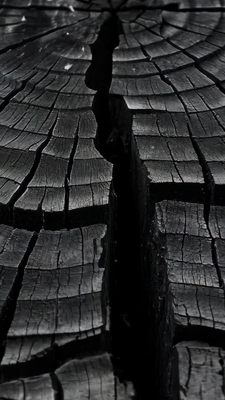A large piece of wood with a black and white photo of it. The photo is of the wood with the bark removed and the wood is split in half