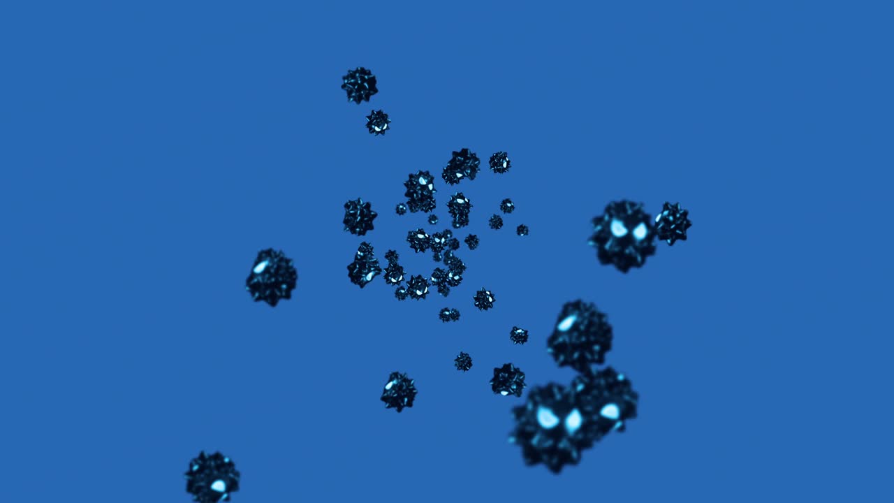 volando muchos virus en personaje de dibujos animados en fondo azul. concepto médico. divertida mascota de virus negro con enojado. animación de bucle 3d.