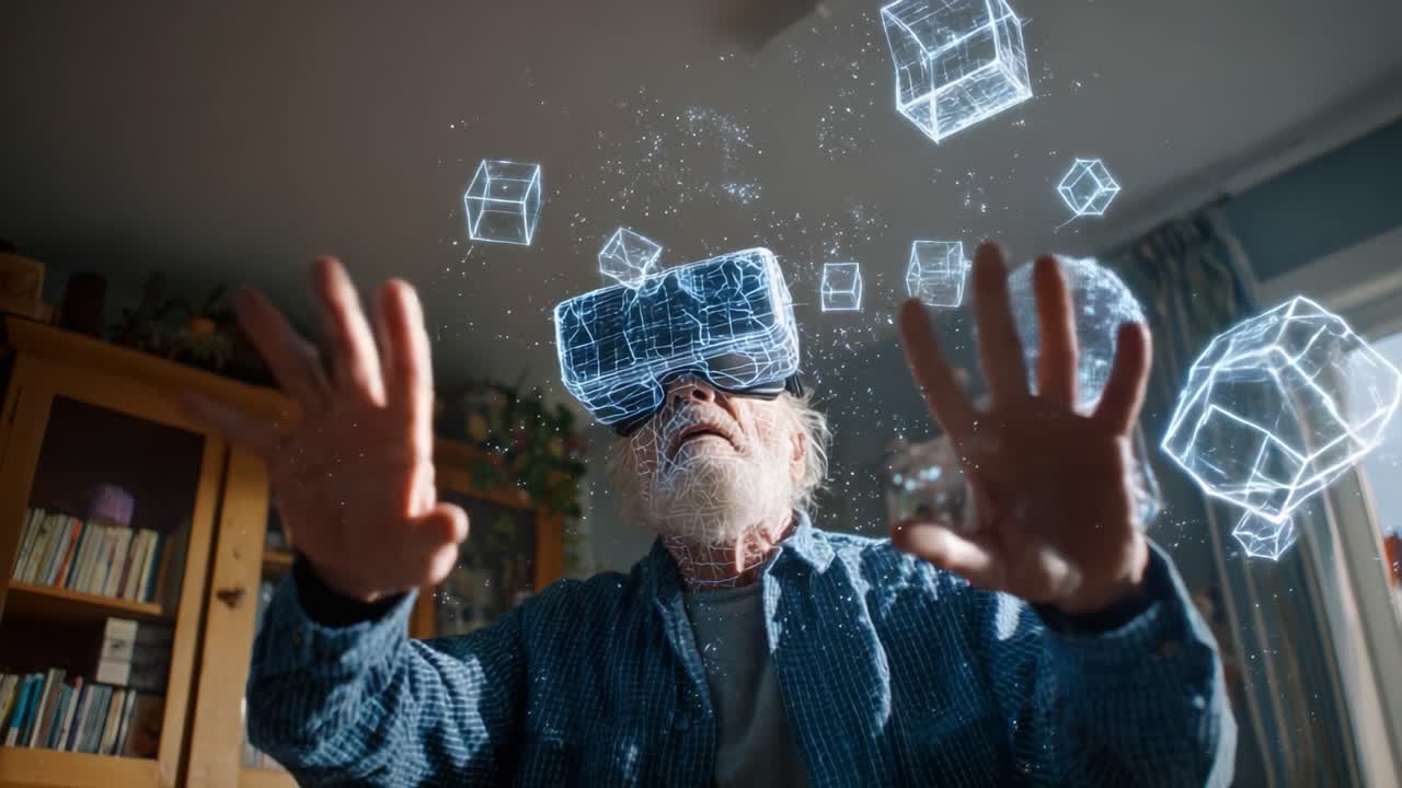 An elderly man immerses himself in a captivating virtual reality experience, exploring imaginative digital constructs, as he interacts with floating holographic elements in a futuristic setting