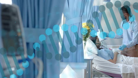 animation of dna strand over diverse male doctor and patient in hospital
