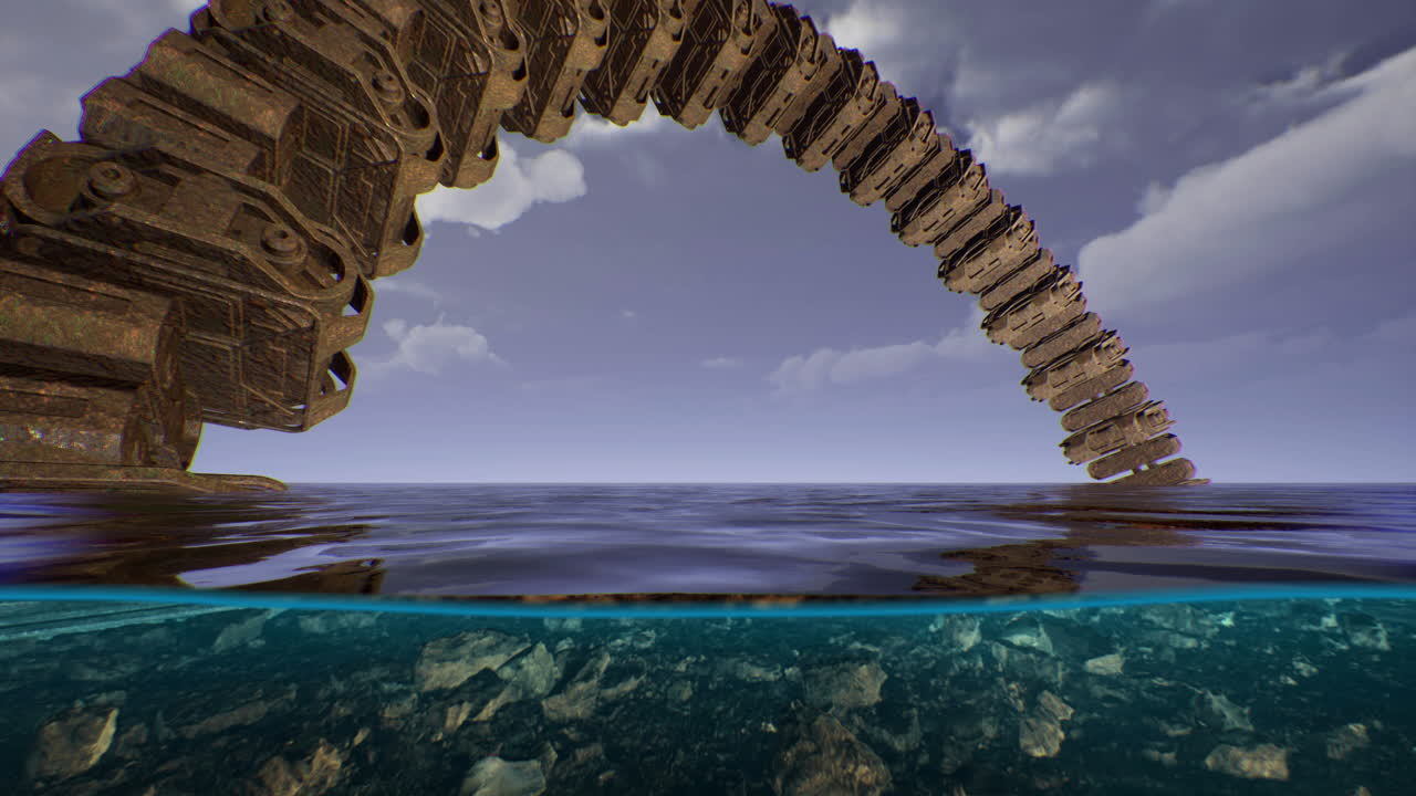 Mysterious ancient alien spaceship emerges above ocean surface at dusk