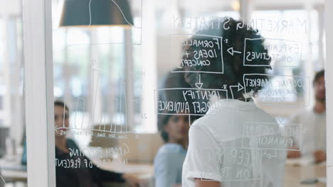 Junge-Geschäftsfrau-Mit-Gemischter-Abstammung,-Die-Auf-Einem-Glas-Whiteboard-Schreibt.-Teamleiterin-Schult-Kollegen-In-Treffen,-Brainstorming,-Problemlösungsstrategie,-Austausch-Von-Ideen-Im-Büro,-Präsentationsseminar-4k