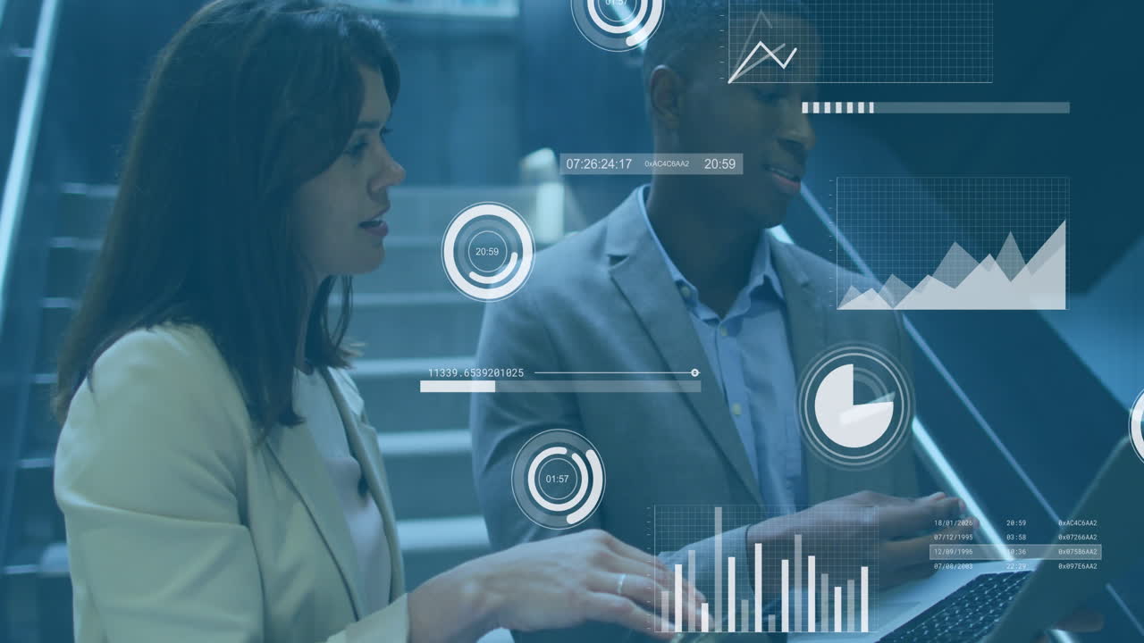 Animation of data processing against diverse businessman and businesswoman discussing at office
