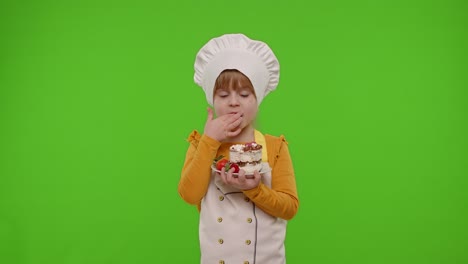 child girl kid dressed as professional cook chef showing eating tasty handmade strawberry cake