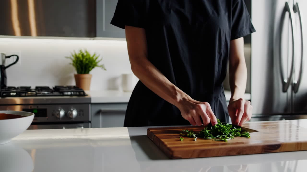 Woman Chopping Greens in a Kitchen