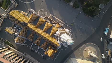 top down aerial view of matthias church and clocktower in budapest, hungary