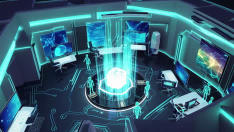futuristic control room with holographic data and digital avatars