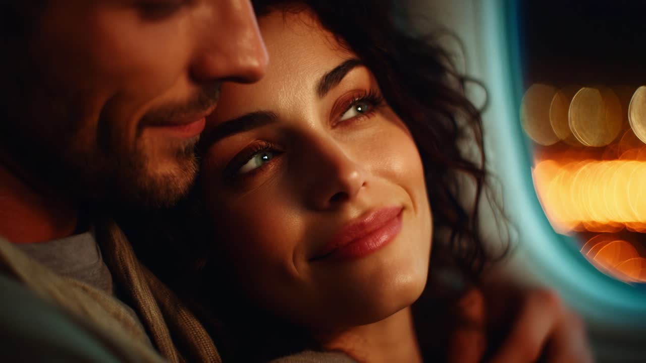 A tender moment shared between a couple traveling together, capturing the essence of love and intimacy as they gaze out of an airplane window at the city lights below, creating a cozy atmosphere full of connection
