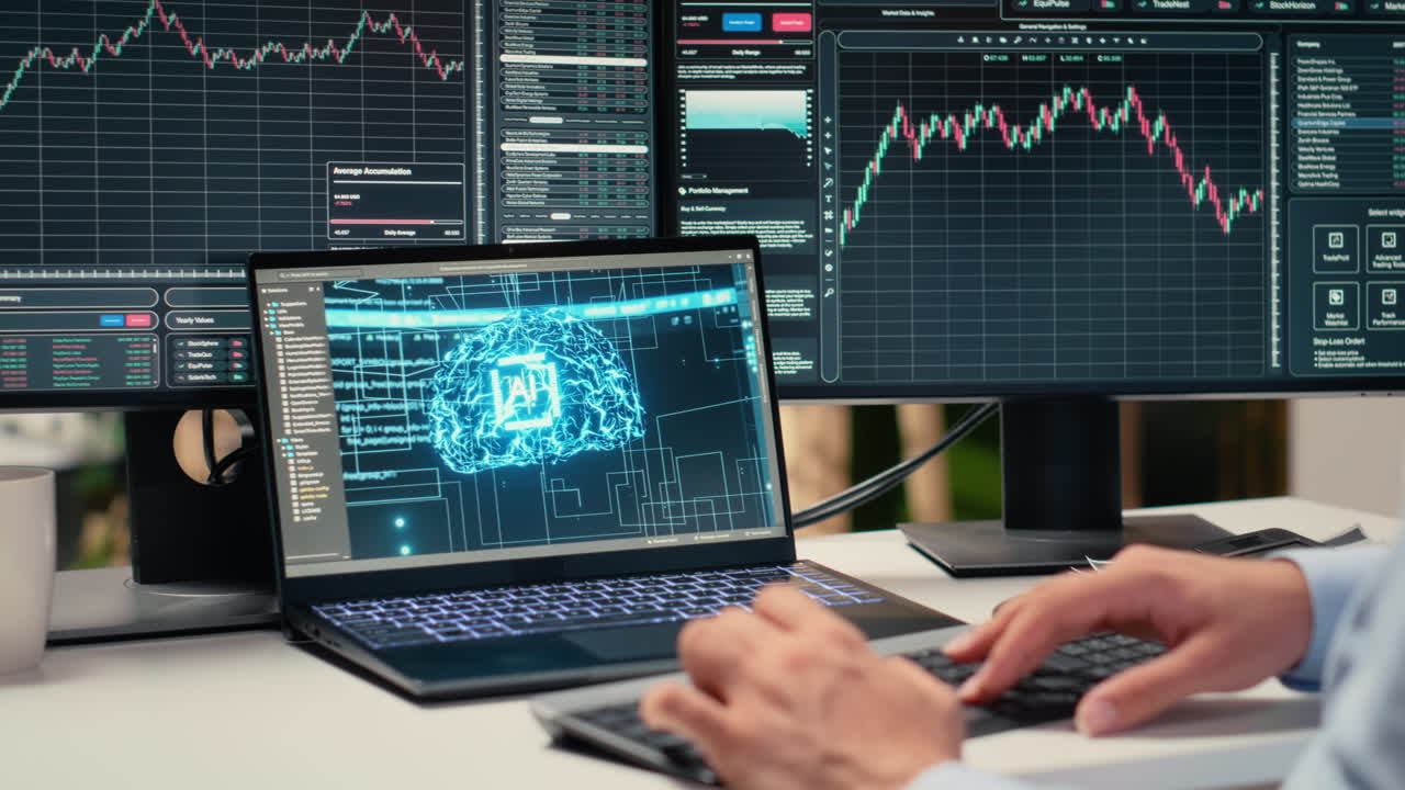 Stockbroker using deep learning technology on laptop