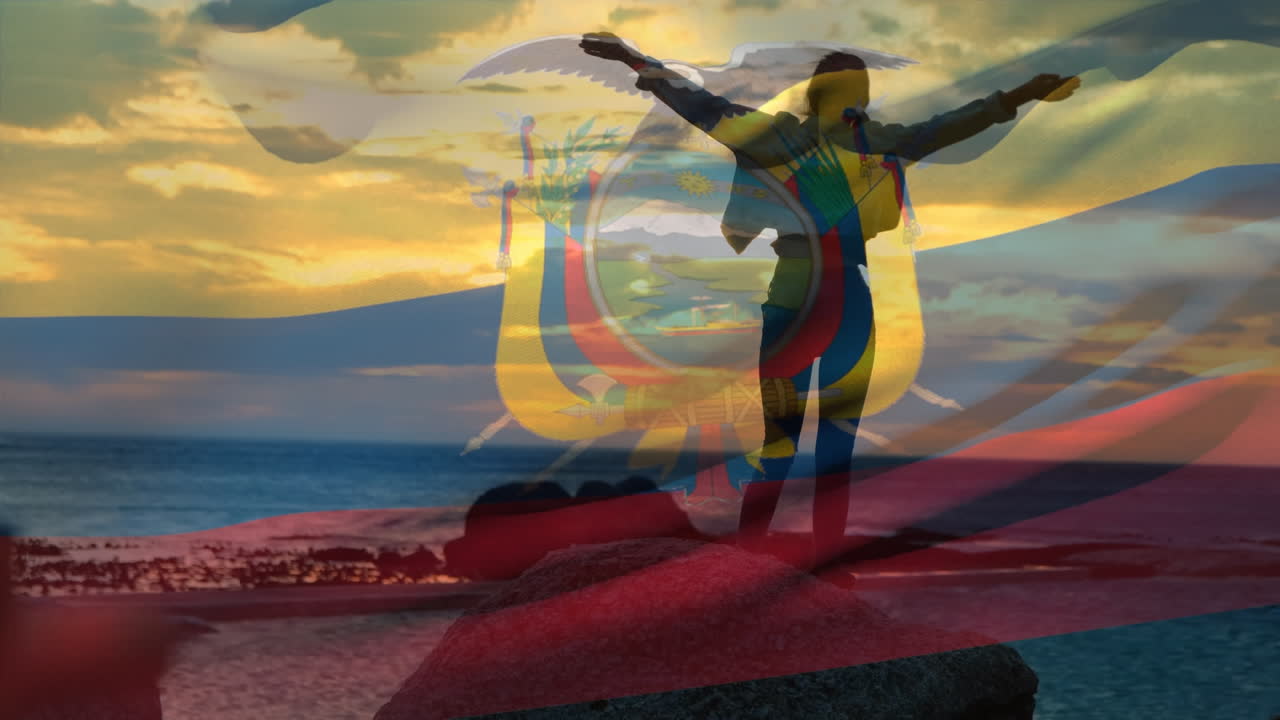 animación de la bandera de ecuador sobre una mujer caucásica en la playa.