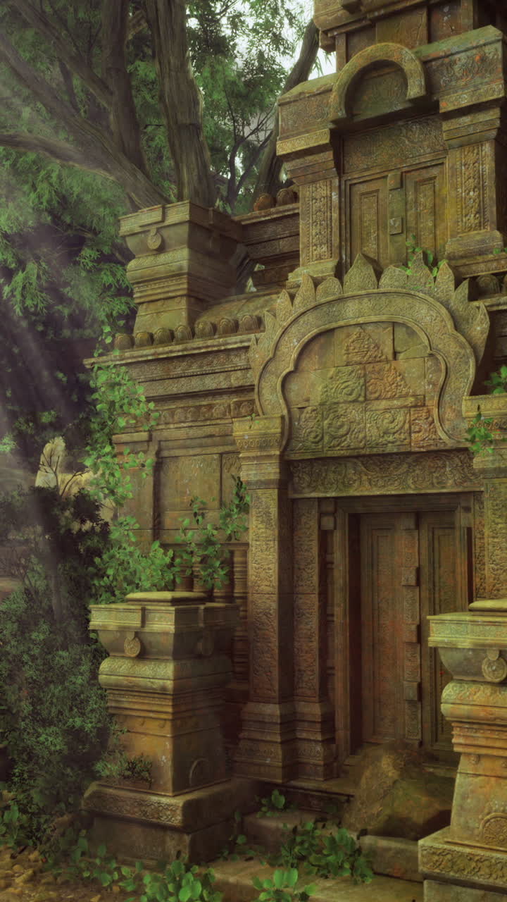 Ancient temple nestled in lush forest with sunlight filtering through trees