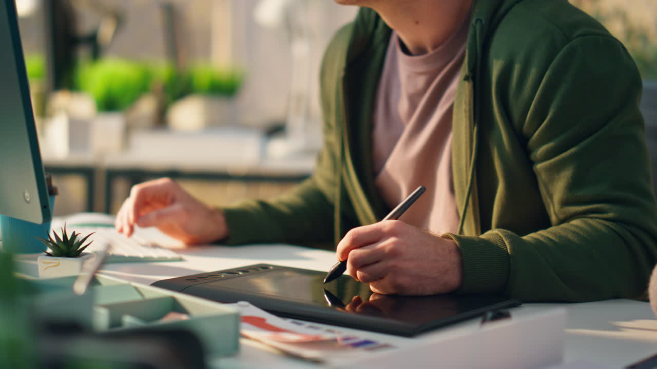 컴퓨터 디스플레이 사무실 클로즈업을 지켜보는 사려 깊은 남자. 예술가 손으로 그림을 그리는 태블릿