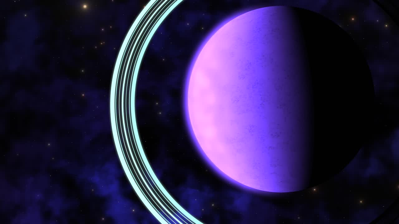 CGI rendered zoom in towards purple alien planet in vast universe with stars in the background inside a large dark indigo dustlike nebula cloud in deep space, wide view, science fx