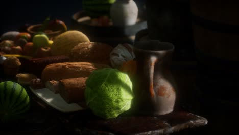 food table with wine barrels and some fruits, vegetables and bread