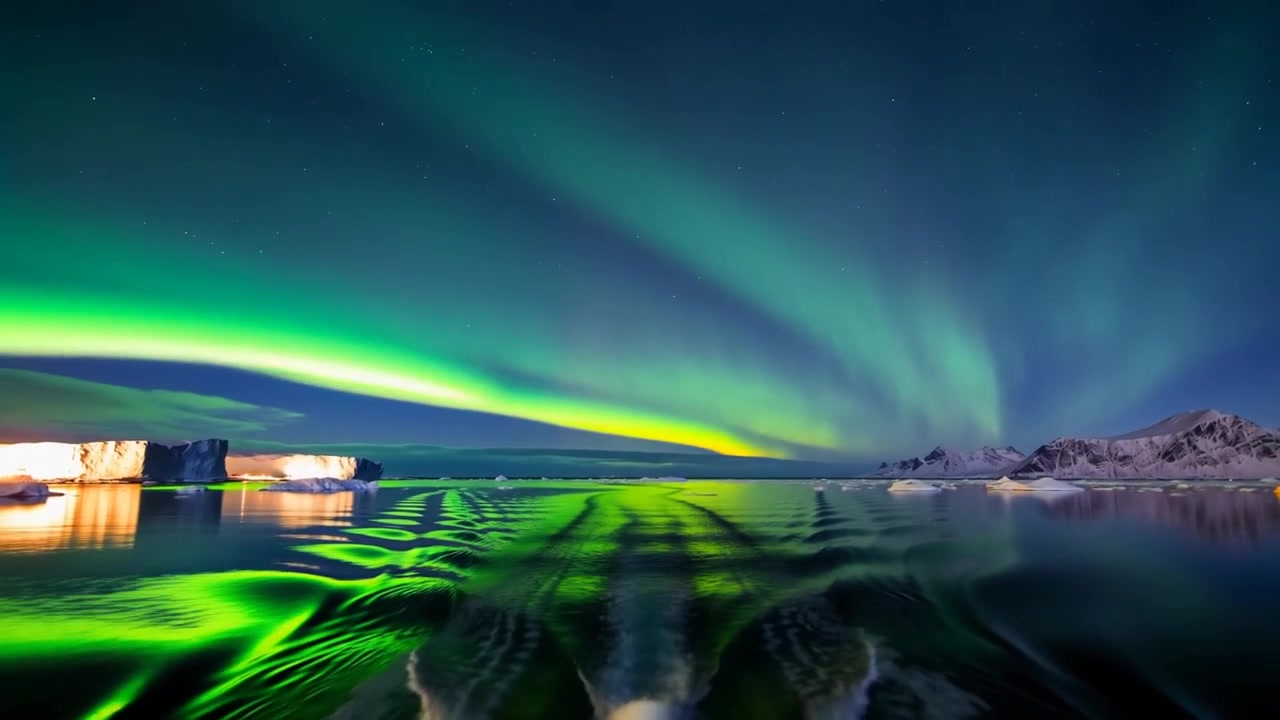 Nave in movimento che salpa di notte, lasciando una scia mentre l'aurora illumina l'acqua, a sinistra ghiaccio, a destra cime.