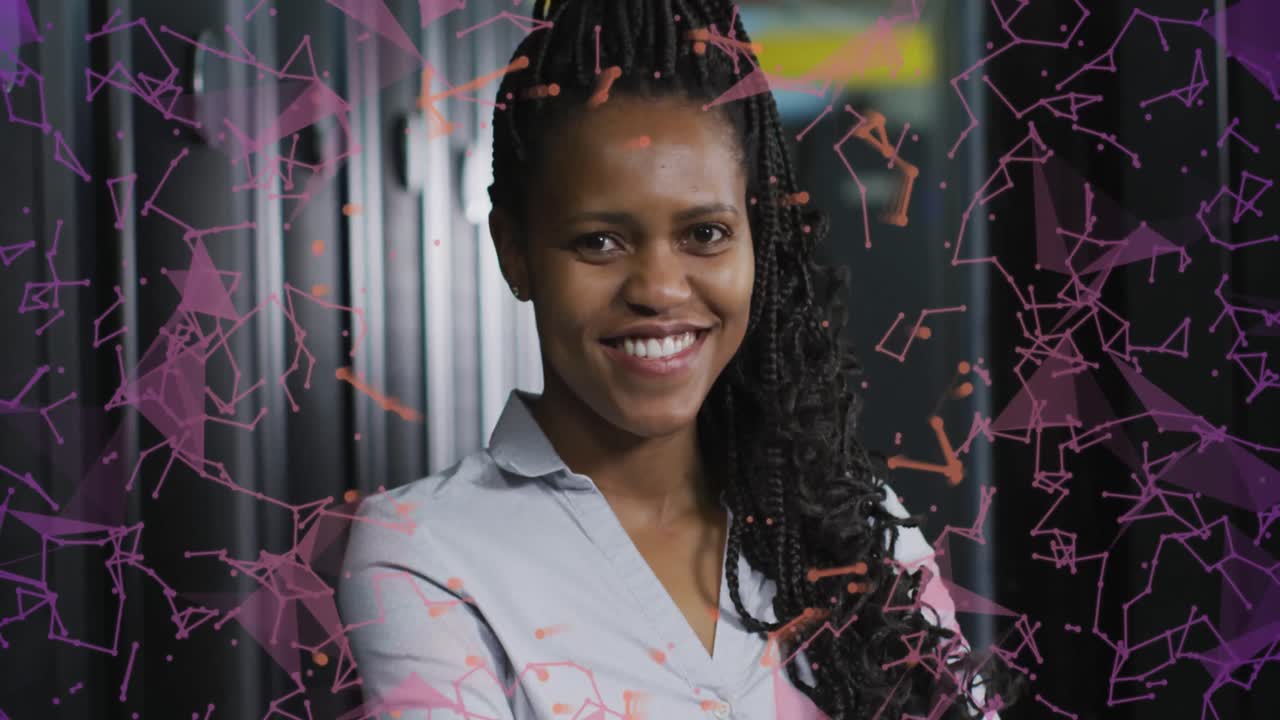 Animation of connections over happy african american woman posing in server room