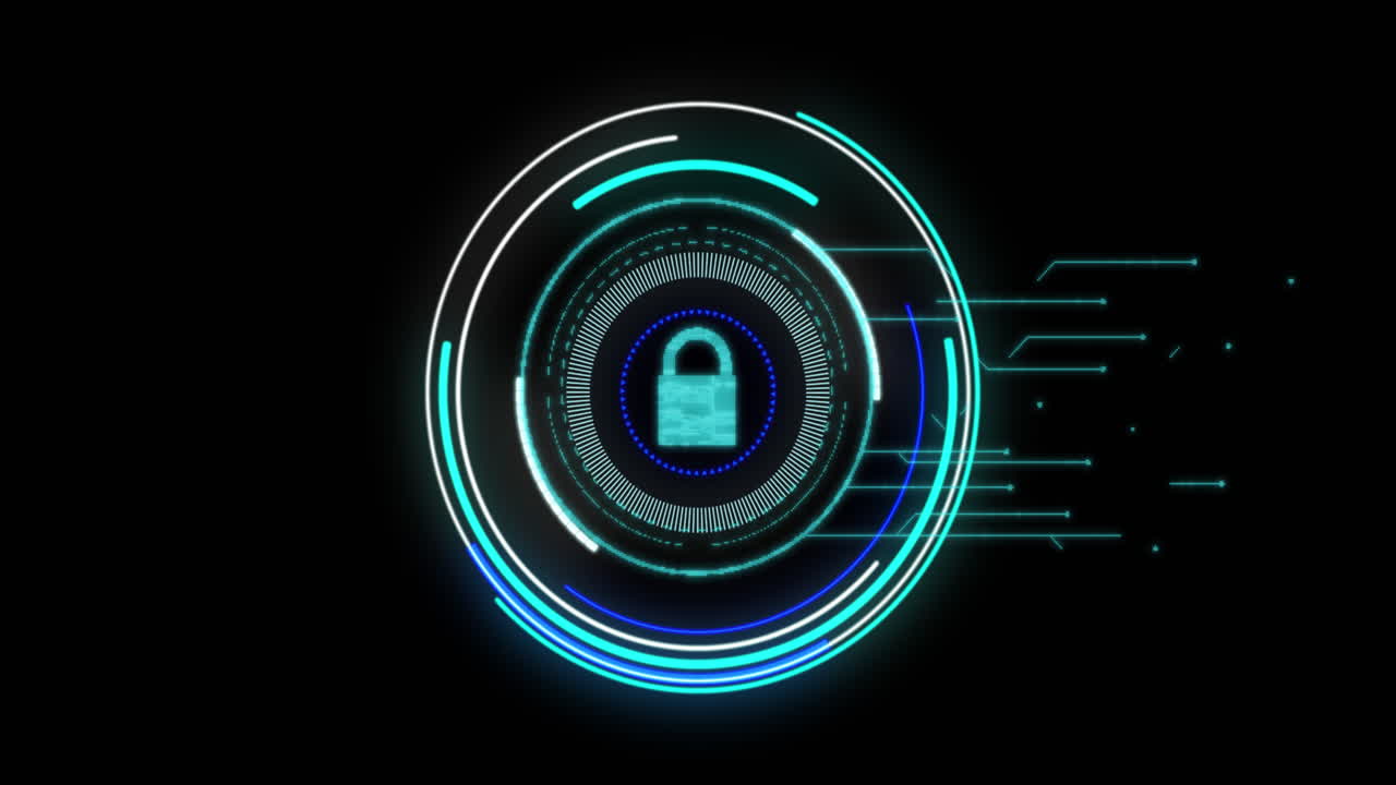 beveiliging hangslot pictogram over blauwe neon ronde scanner tegen zwarte achtergrond