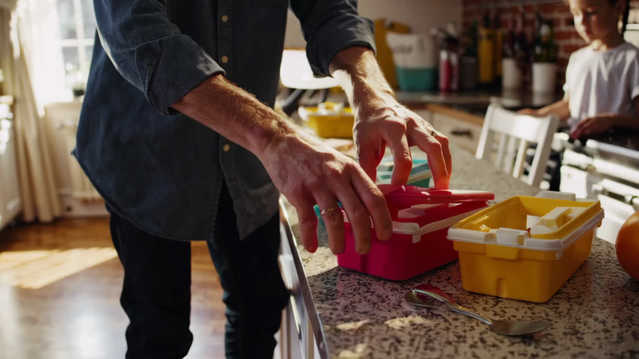 Dad and son packing lunches in the kitchen