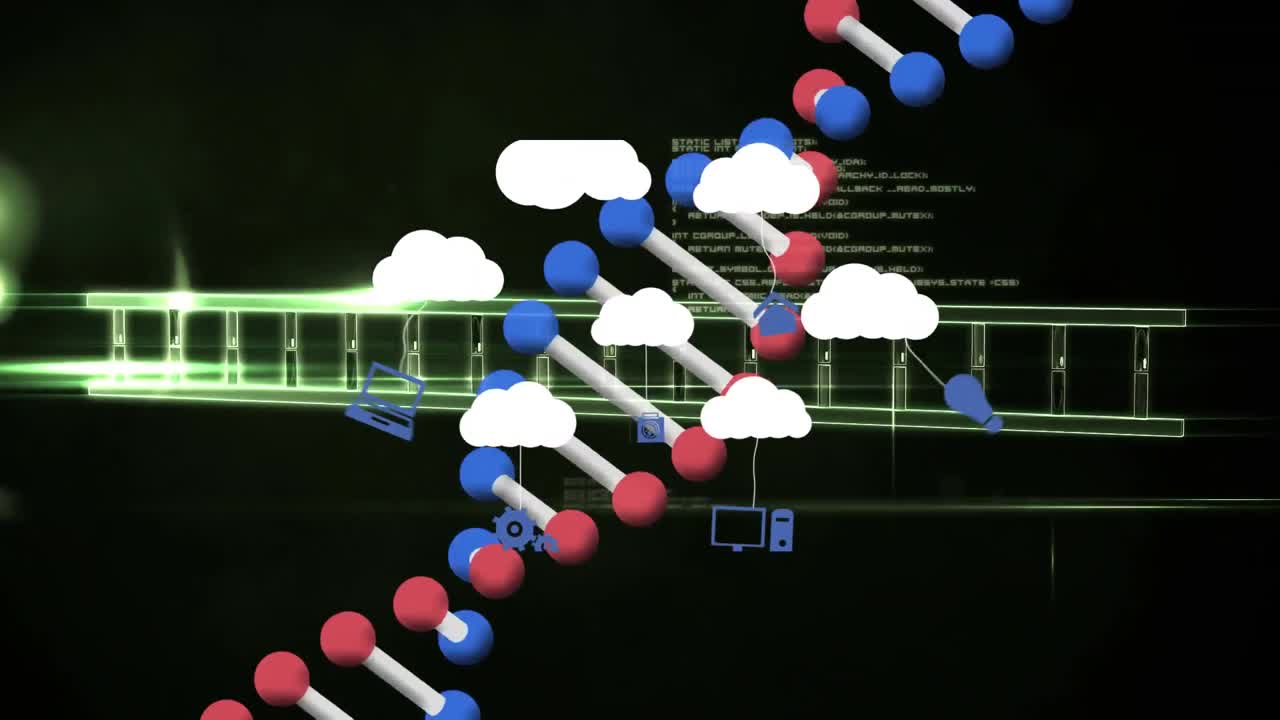 dna 가닥 위에 아이콘을 가진 구름의 애니메이션과 데이터 처리