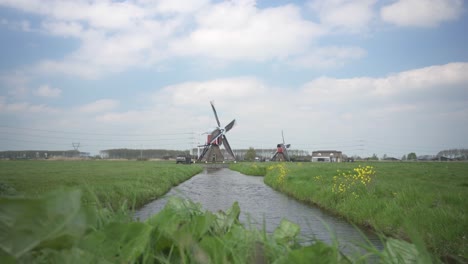 windmills in the farm with green grass and stream in foreground in leiderdorp, leiden, netherlands