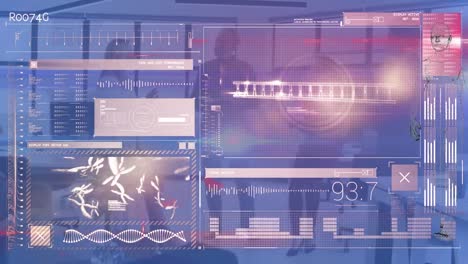 animation of data processing on digital interface, caucasian businessman with colleagues in office