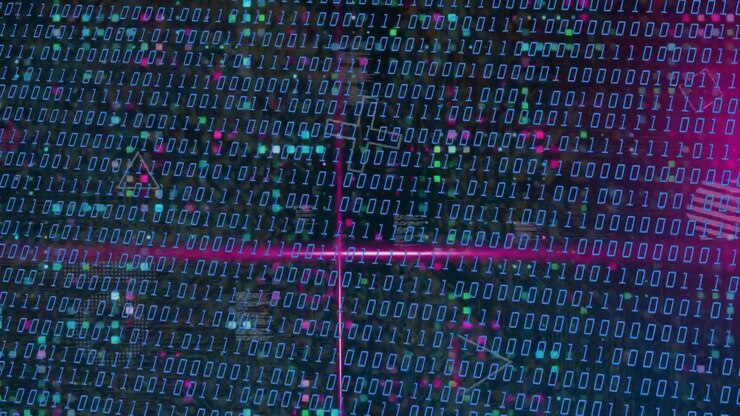 Magenta line brightening, forming crosshair and scanning, binary matrix pulsing, highlighting data
