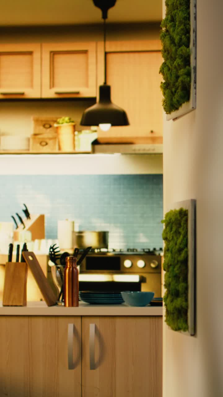 Video verticale di un corridoio domestico luminoso e vuoto con design di interni moderno e decorazioni eleganti