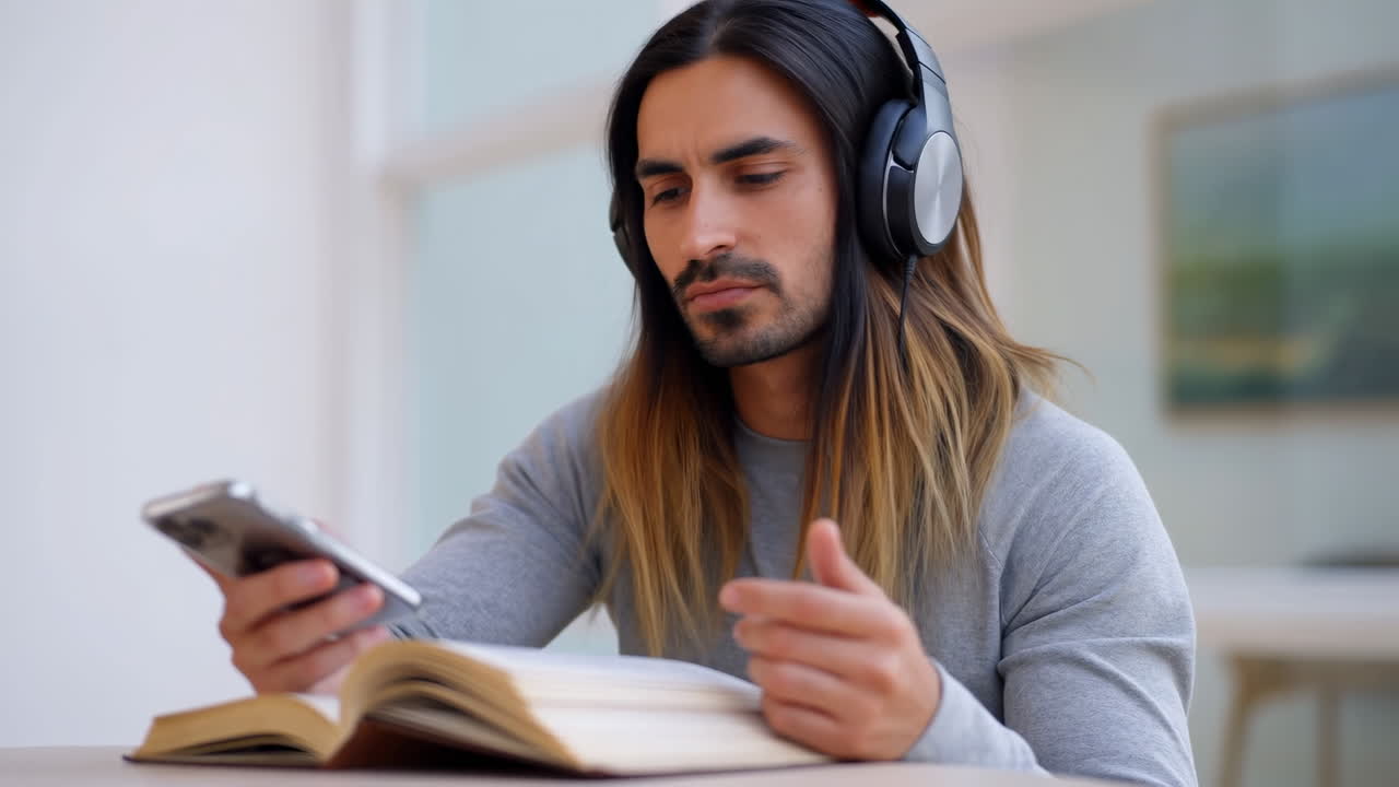 Mann med hodetelefoner studerer ved bord, langhåret mann pauser lesingen for å sjekke smarttelefon mens han lytter