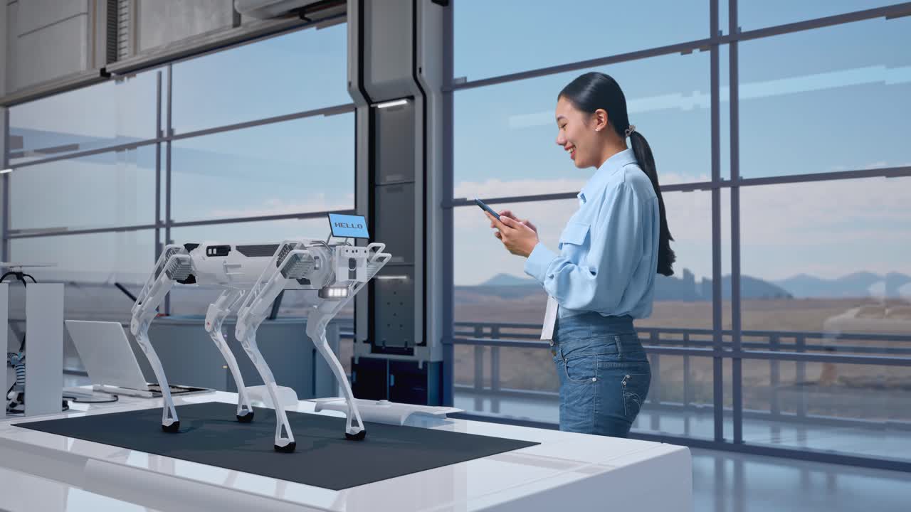 mujer interactuando con un perro robótico en un laboratorio moderno