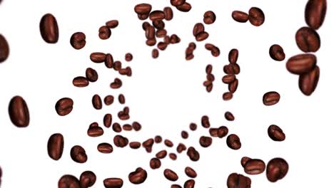 flying many coffee beans on white background. caffeine drink, breakfast, aroma. 3d animation of roasted coffee beans rotating. loop animation.