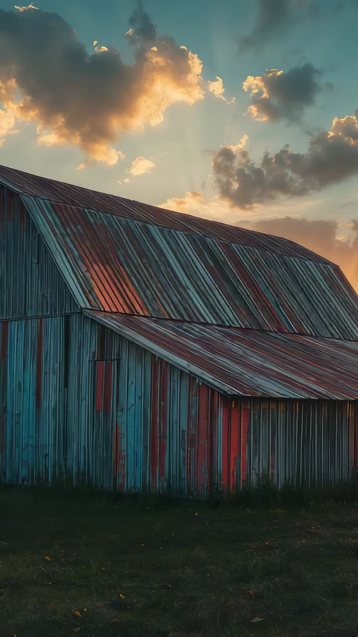 Vertical video: Shifting sun rays crossing aged barn in field as sun lowering, highlighting siding