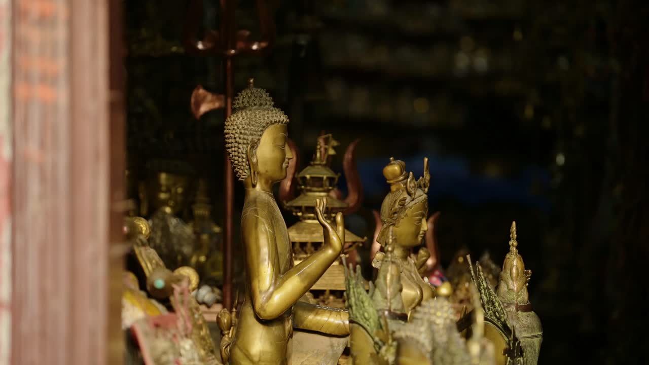 Gold Buddha Statue at Buddhist Temple in Bhaktapur in Nepal, Close Up of Golden Gold Leaf Buddhas Statues in Bhaktapur Ancient City Unesco World Heritage Site, Religious Symbol of Buddhism