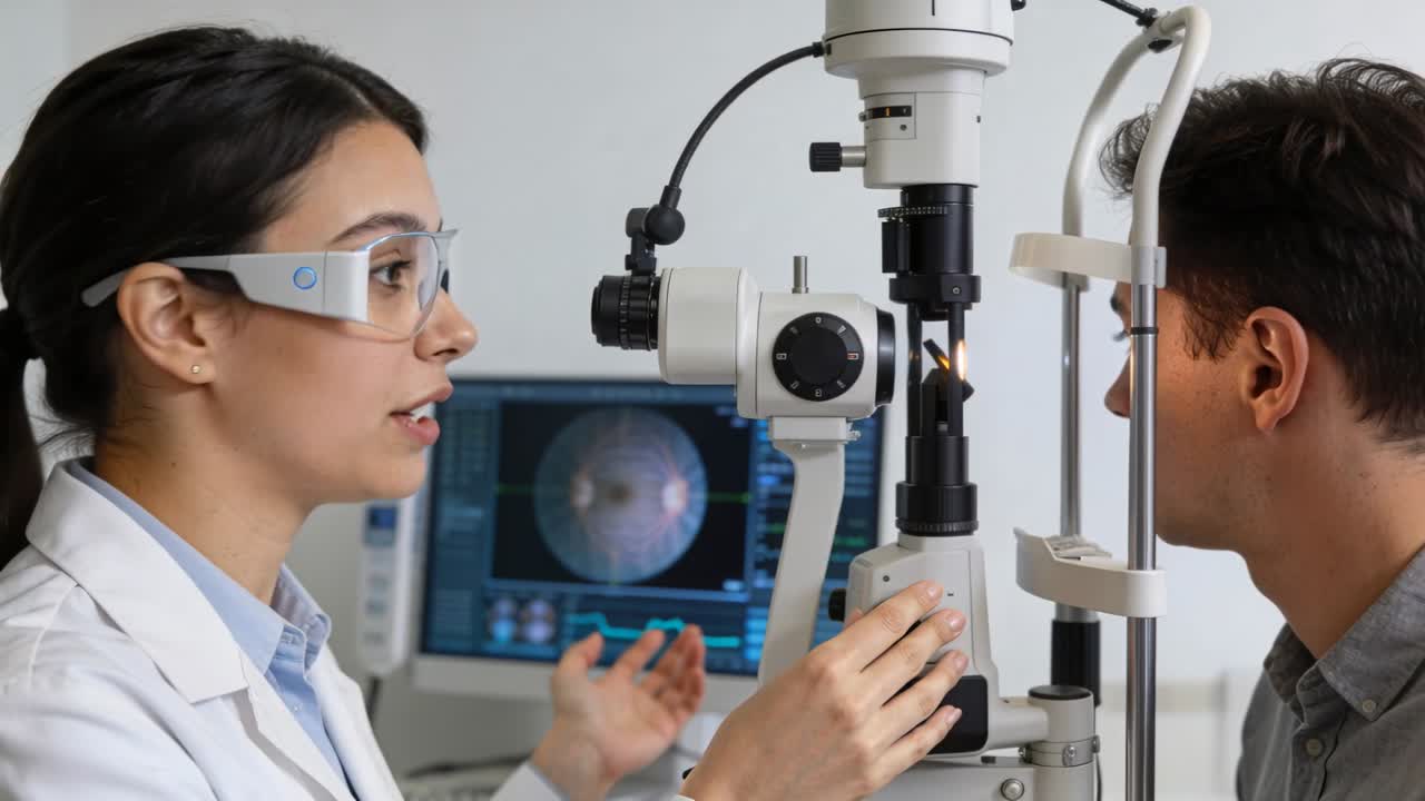 Leaning clinician examining at slit-lamp, lab coat, smart glasses, adjusting knobs assessing retina