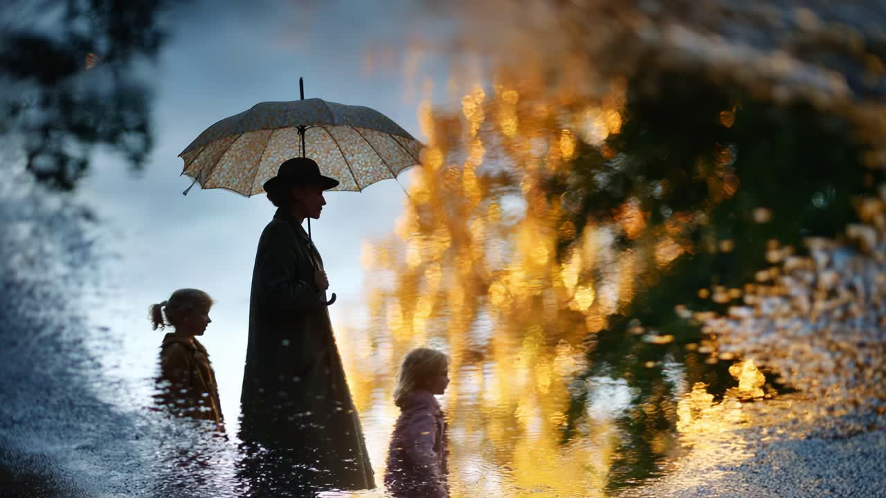 A serene silhouette of a person and two children walking under an umbrella, reflected in a shimmering puddle, capturing the beauty of a rainy day and the warmth of familial bonds