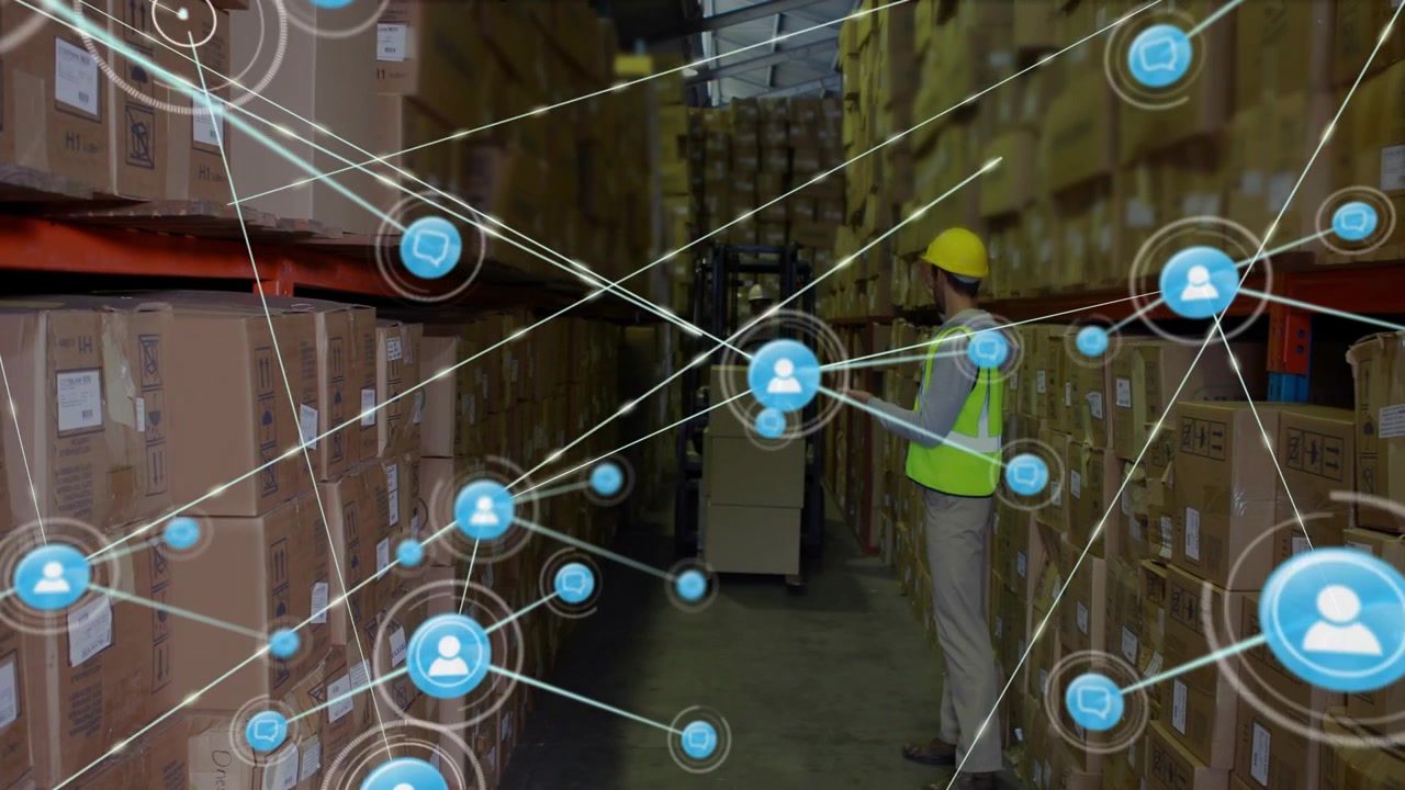Warehouse worker scanning racks in aisle, initiating blue network overlay mapping shelf inventory