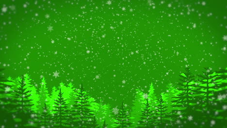 Grüner-Weihnachtshintergrund,-Schnee-Fällt-über-Kiefern