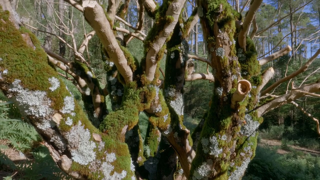 La cámara se eleva desde el musgo denso y el liquen pálido en troncos entrelazados hacia ramas desnudas, mientras la luz brillante del sol revela la textura de la corteza, helechos verdes, la profundidad del bosque y retazos de cielo azul