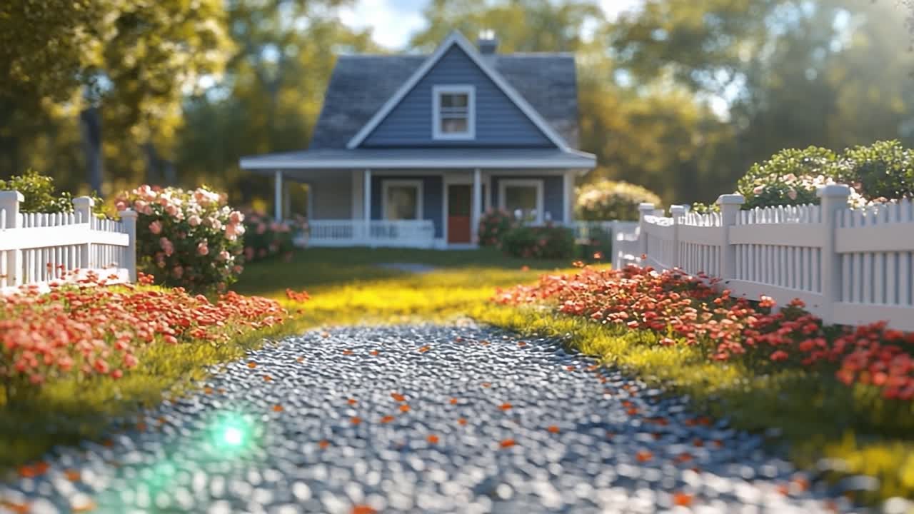 Charming cottage by flowers. A quaint cottage with a welcoming porch sits in a vibrant garden filled with blooming flowers and a pebble path.