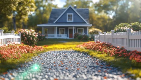 charming cottage by flowers. a quaint cottage with a welcoming porch sits in a vibrant garden filled with blooming flowers and a pebble path.
